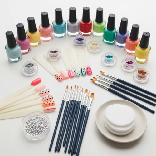 Colorful nail art supplies including polishes, dotting tools, and brushes for beginners
