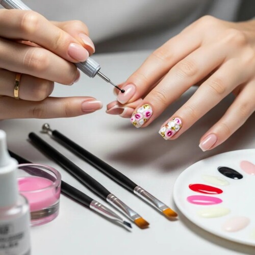 Person using nail dotting tools and brushes to create intricate nail art designs