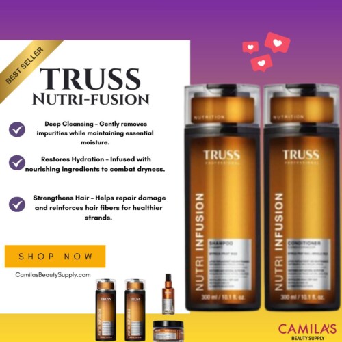 ### Key Elements**Product Overview** - Featured product: Truss Nutri-Fusion - Contains shampoo and conditioner bottles**Notable Features** - Deep cleansing properties - Hydration restoration - Strengthening hair benefits **Text and Symbols** - "BEST SELLER" label - Shop Now call-to-action - Website link: CamilasBeautySupply.com **Overall Mood/Theme** - Inviting and promotional, emphasizing hair care and nourishment.