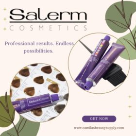 ### Key Elements**Brand Name**  - Salerm Cosmetics**Main Subjects**  - Two tubes of hair coloring products**Notable Features**  - Color swatches displayed in the background- Hair coloring tools (e.g., a comb)**Text/Slogan**  - "Professional results. Endless possibilities."- "GET NOW" call to action- Website URL: camilasbeautysupply.com### Overall Mood/Theme  The image conveys a professional and inviting atmosphere, emphasizing the quality and versatility of the hair coloring products. The use of soft colors and clean design suggests a focus on beauty and personal care.