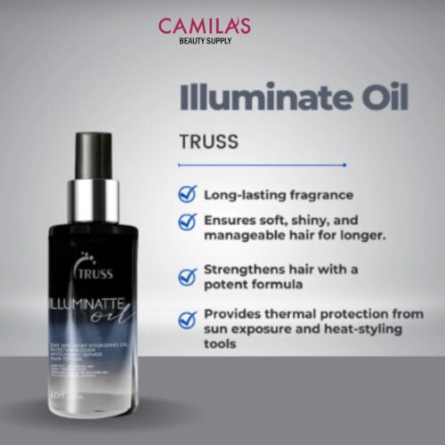 ### Key Elements**Brand and Product Name** - Camilas Beauty Supply - Illuminate Oil by Truss **Main Features** - Long-lasting fragrance - Soft, shiny, and manageable hair - Strengthens hair with a potent formula - Provides thermal protection from sun and heat **Notable Design Elements** - Elegant packaging design of the oil bottle - Clear, professional typography **Overall Mood/Theme** The image conveys a sense of luxury and effectiveness, emphasizing hair care and protection. The sleek design and highlighted benefits suggest a premium product aimed at enhancing hair quality.
