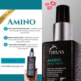 Truss Amino Uponiente hair treatment bottle and packaging, nail supply product for hydration and heat protection.