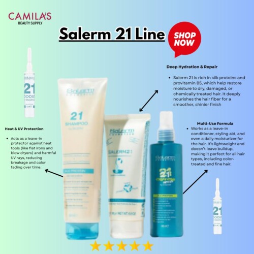 ### Key Elements**Main Subjects:**- Salerm 21 Hair Care Products**Objects:**- Three product tubes: Shampoo, Conditioner, and Leave-In Treatment**Notable Features:**- Each product is labeled with its specific function (e.g., "Deep Hydration & Repair," "Multi-Use Formula")- Visual emphasis on the brand's logo and product names**Text/Symbols:**- "SHOP NOW" prominently displayed- Star rating (three stars) indicating customer feedback### Overall Mood/ThemeThe image conveys a sense of professionalism and effectiveness in hair care. The bright colors and clear labeling suggest a focus on beauty and self-care, appealing to consumers looking for reliable hair treatment solutions. The layout is clean and organized, promoting a positive and inviting shopping experience.
