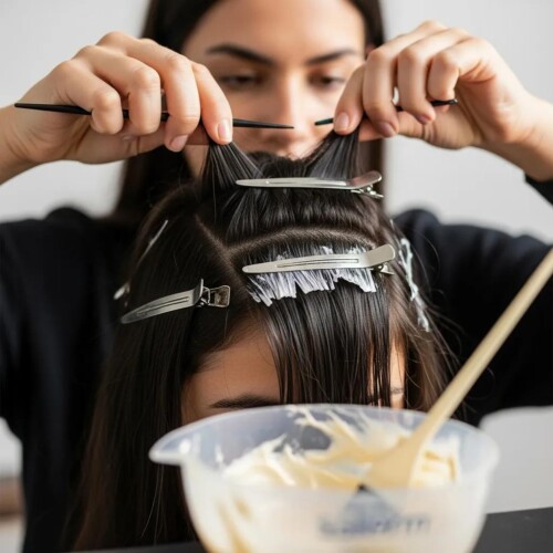 Person sectioning hair for Salerm Zero hair color application