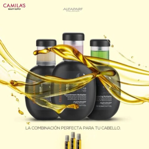 ### Key Elements**Main Subjects** - Three bottles of hair care products from ALFAPARF.**Objects** - The bottles are labeled with different functions: Cleansing Multiplier, Nourishment Multiplier, and a third variant.**Notable Features** - The bottles have a sleek, modern design with black and colored accents.- A flowing golden liquid, likely representing the product, wraps around the bottles.**Text/Symbols** - The text "LA COMBINACIÓN PERFECTA PARA TU CABELLO" translates to "The perfect combination for your hair."- Branding elements include "CAMILAS BEAUTY SUPPLY" and "ALFAPARF."### Overall Mood/Theme The image conveys a sense of luxury and effectiveness in hair care, emphasizing the idea of a perfect solution for hair needs. The golden liquid adds a touch of elegance and highlights the nourishing qualities of the products.