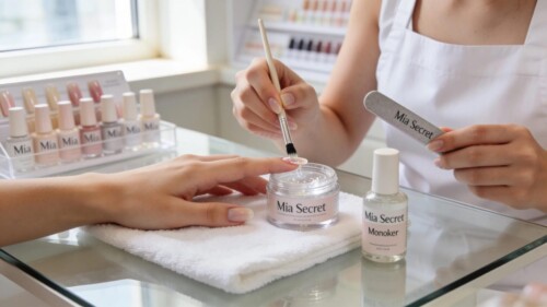 Professional nail technician applying Mia Secret acrylic nails in a modern nail salon
