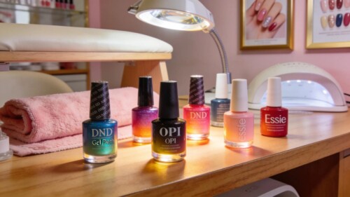 High-quality gel polish bottles from DND, OPI, and Essie prominently displayed in a professional salon setting.