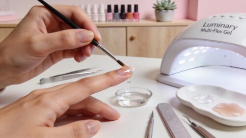 Nail artist demonstrating brush-on application of Luminary Multi-Flex Gel, highlighting technique and ease of use