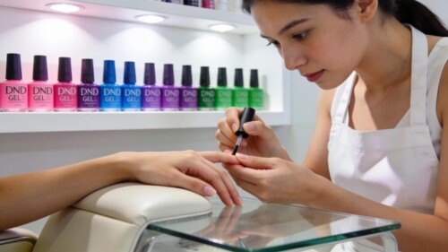 Nail technician applying DND gel polish in a vibrant salon setting