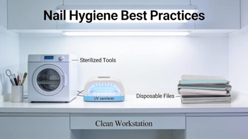 Nail hygiene practices with sterilization tools and clean workstations in a professional salon
