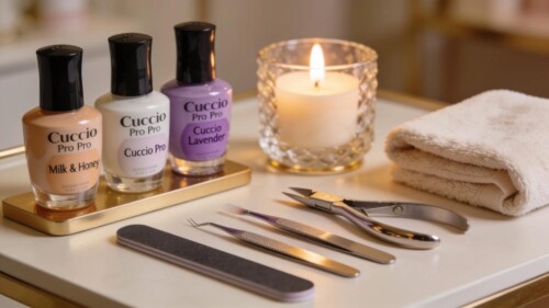 Luxurious Cuccio Pro manicure and pedicure products displayed in an inviting spa setting