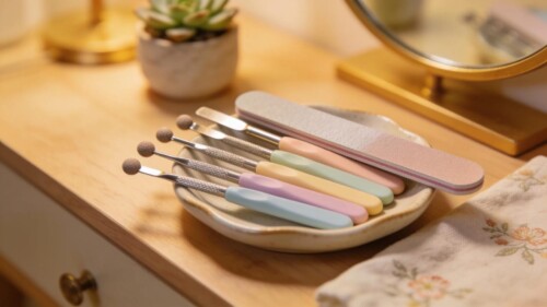 Arrangement of gentle nail care tools on a vanity, emphasizing the importance of soft materials for nail and cuticle health