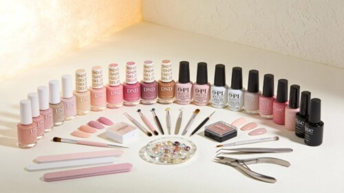 An artistic display of matching gel polishes and lacquers from DND, OPI, and Essie, alongside nail art tools, designed for beauty salons.