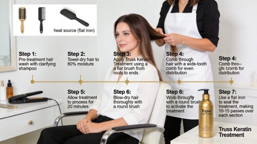 Salon treatment steps showcasing the application of Truss products for optimal hair repair