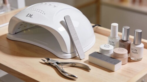 Essential salon tools showcasing DL cuticle nippers, I On Nails accessories, and nail curing lamp arranged on a salon workstation