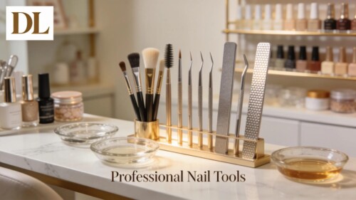 Essential DL nail tools arranged for acrylic nail application
