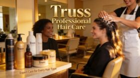 Professional stylist using Truss hair products in a salon setting, focusing on hair reconstruction