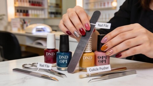 Variety of nail polishes and tools in a professional salon setting emphasizing quality nail supplies
