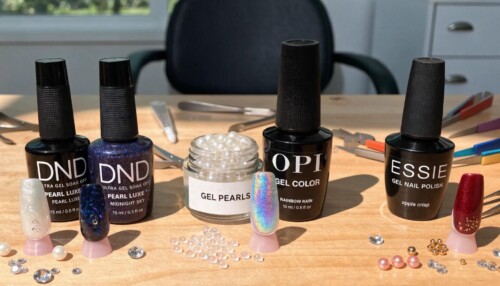 Comparison of DND, OPI, and Essie gel polishes showcasing their different colors and bottles on a nail technician's workstation.